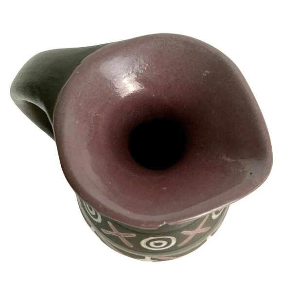Art Pottery Boho Style Ceramic Oil Syrup Pitcher Brown & Red Graphic Design - Picture 6 of 7